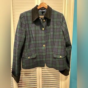 Classic Plaid Blazer with Black Accents Velvet Collar & Sleeve Hem Size 16